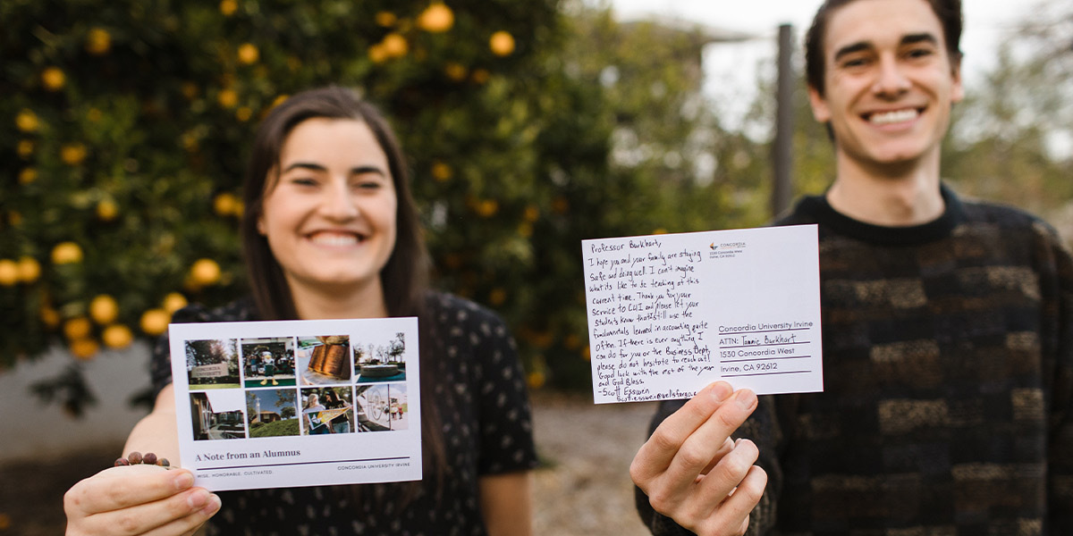 Ariana (Sadeghipour) Esswein ’17 and Scott Esswein ’15 participated in writing notes of encouragement to their former professors as part of Homecoming and Concordia Serves.